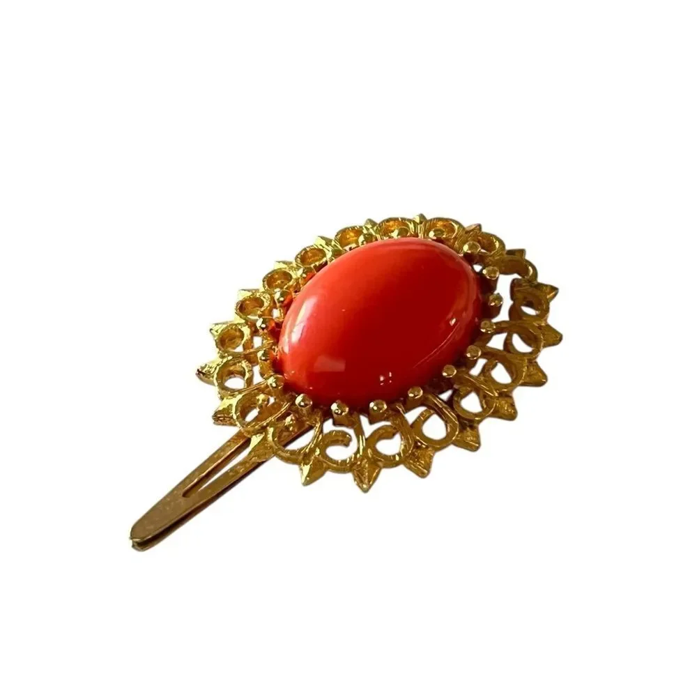 Vintage 1960’s Gold Orange Cabochon Hair Clip
